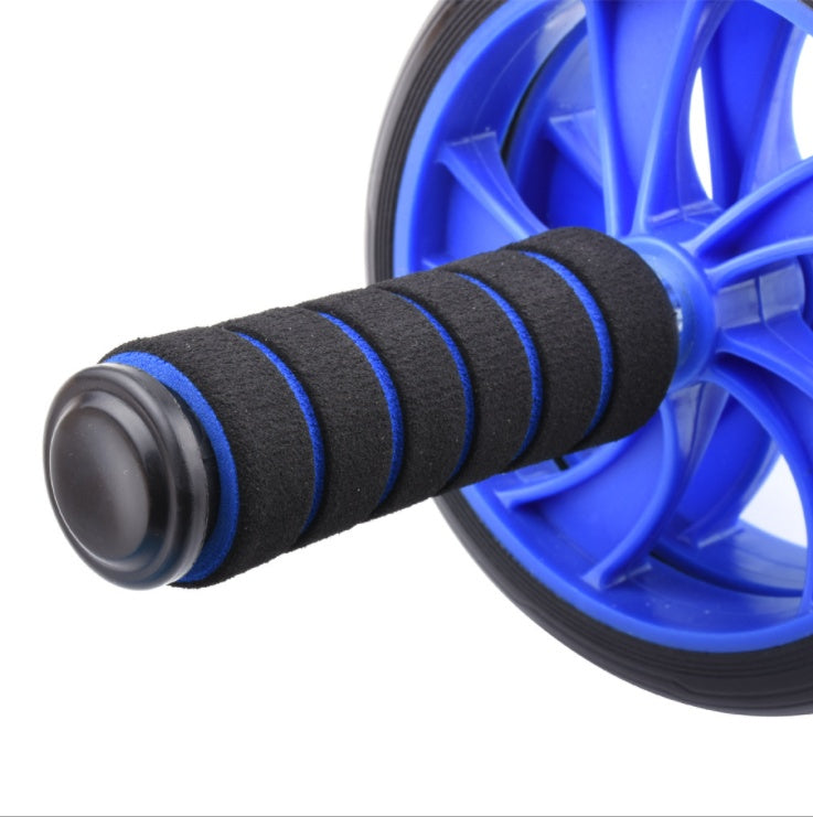 home fitness training equipment AB roller with non-slip grip and blue wheel design.