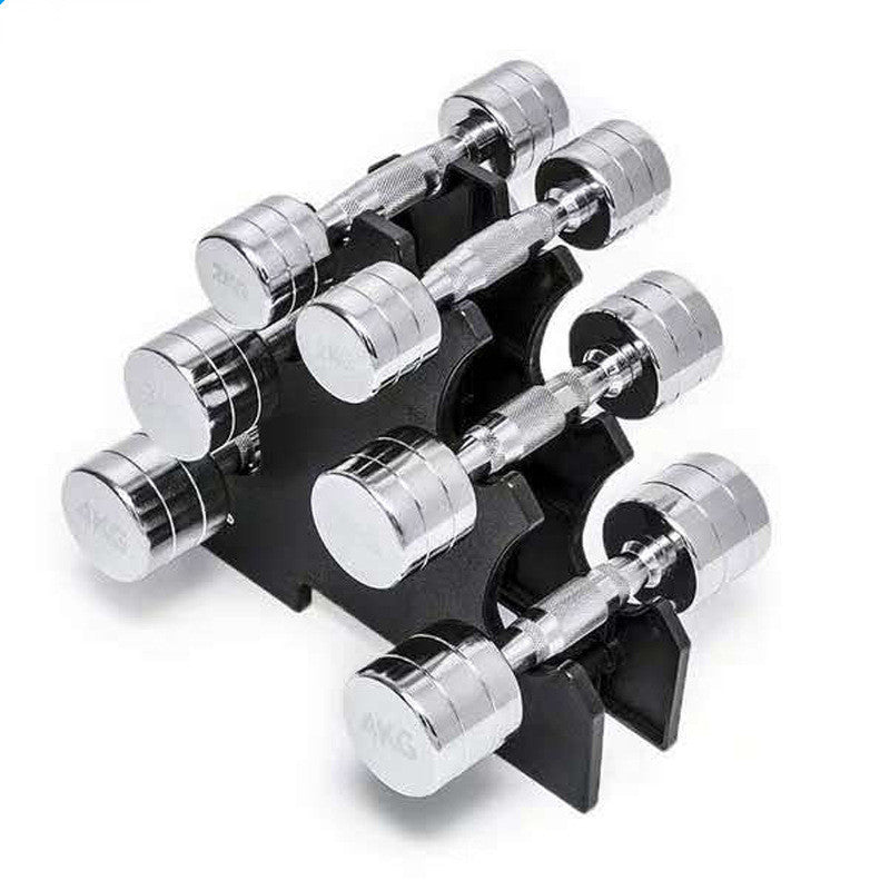 electroplating dumbbell gym equipment displayed on a rack, showcasing ergonomic design and stylish plating.