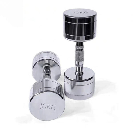 electroplating dumbbell gym equipment showcasing 10KG weighted dumbbells with a stylish chrome finish.