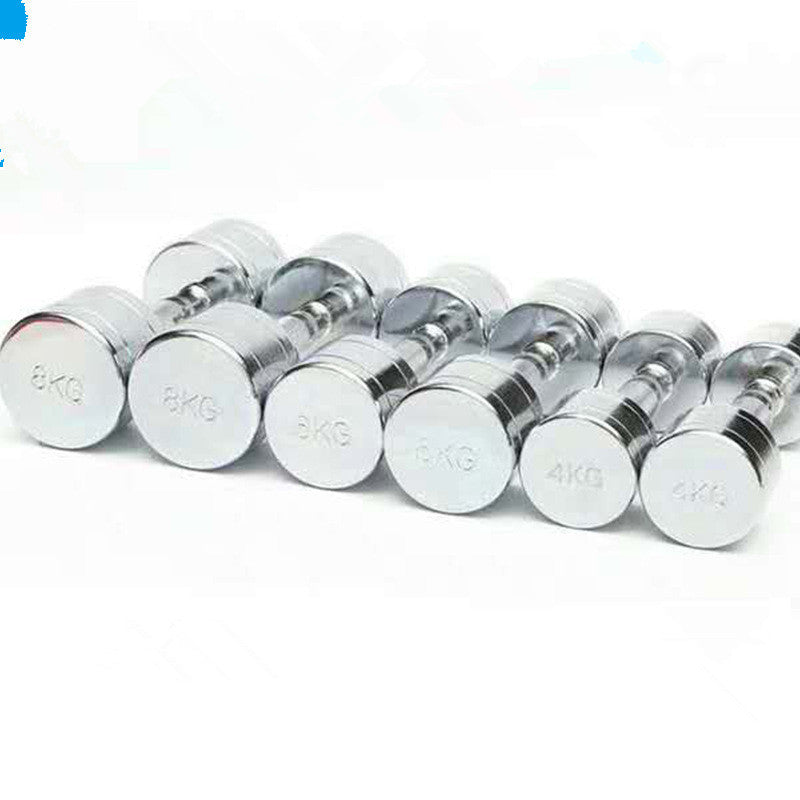 Electroplating dumbbell gym equipment displayed in varying weights from 2kg to 8kg, showcasing their sleek chrome finish.