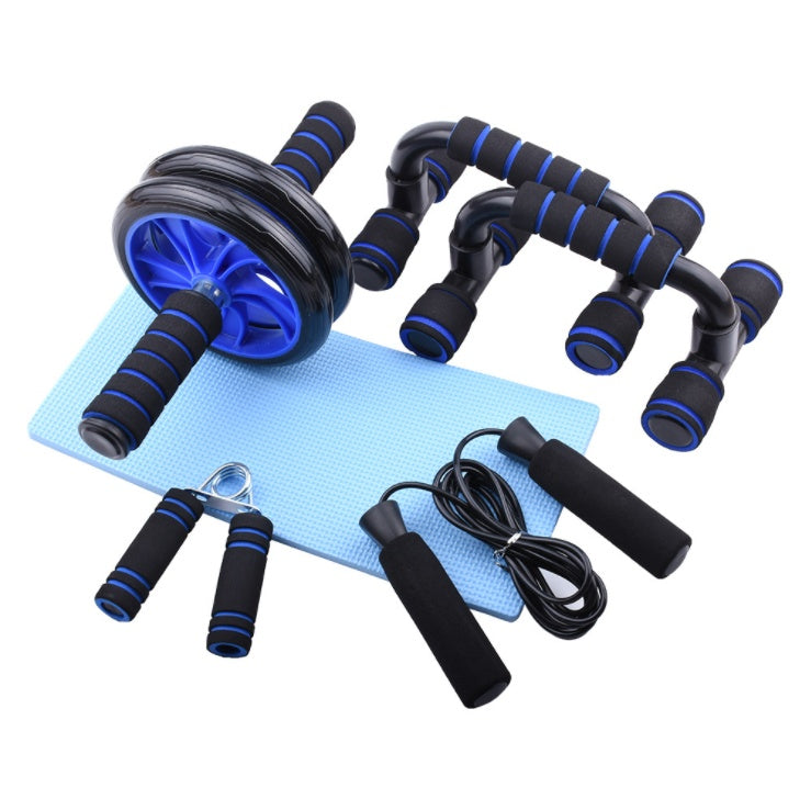 Home fitness training equipment including an AB roller, grips, and skipping rope on a blue mat.