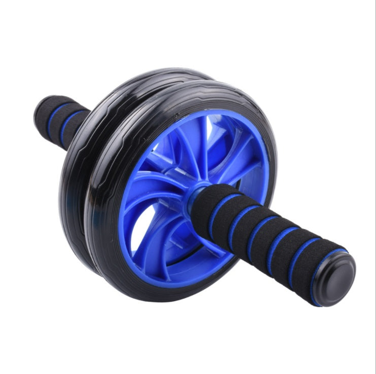 Home fitness training equipment: blue and black AB roller for effective core workouts.