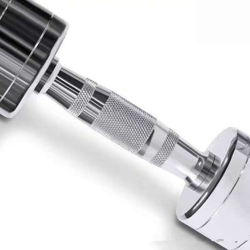 Close-up of electroplating dumbbell gym equipment showcasing ergonomic grip and shiny surface.