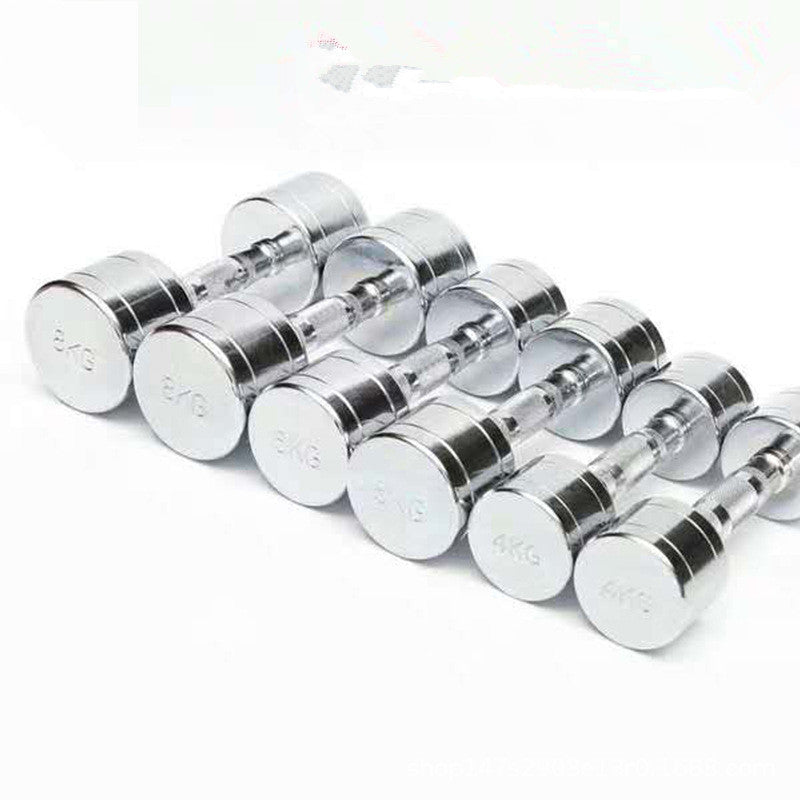 Electroplating dumbbell gym equipment featuring a set of shiny, durable dumbbells in various weights.